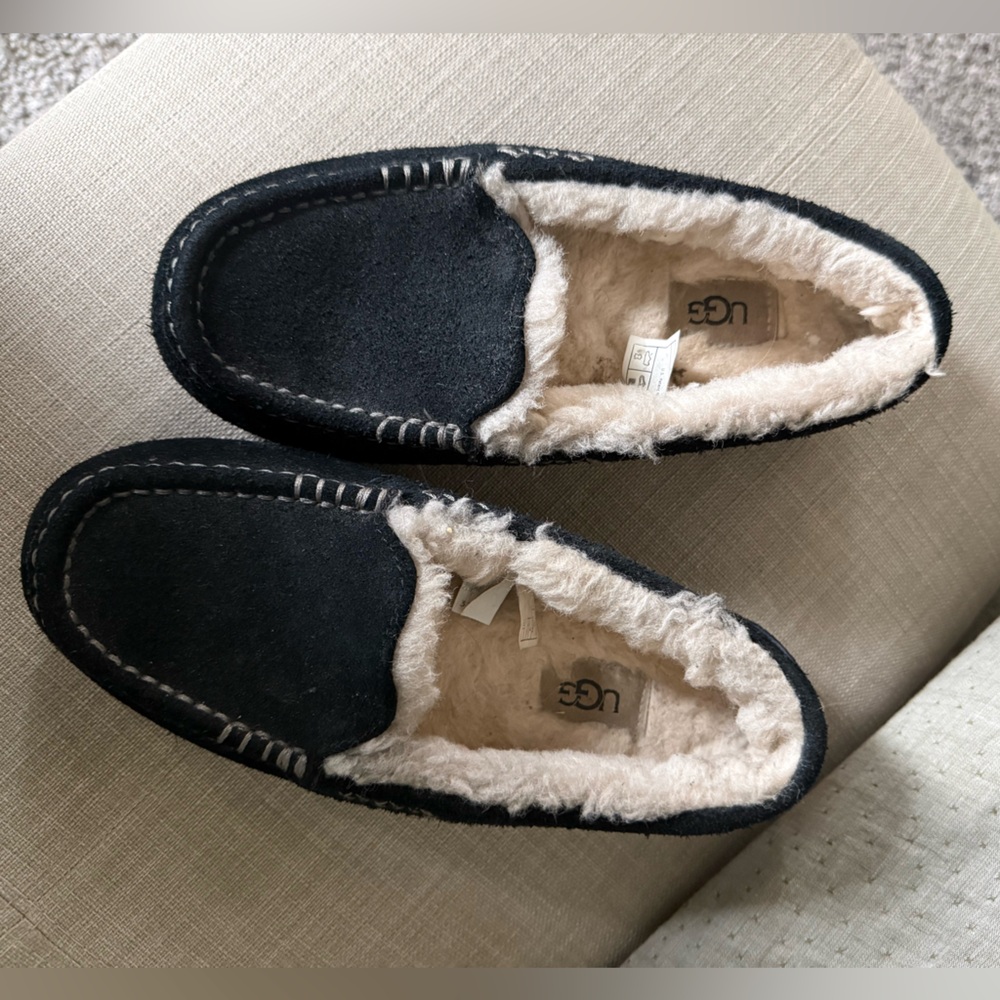 UGG Black Suede Slip-On Moccasin with Cream Shearling